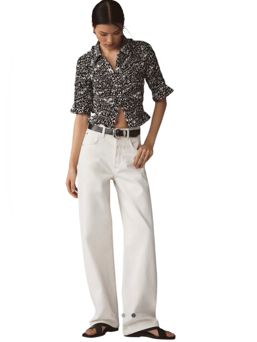 MAEVE Smocked Button-Front Cropped Blouse